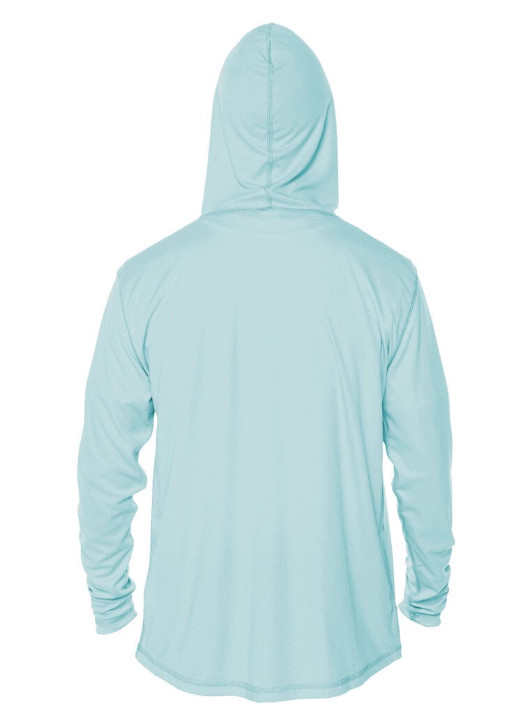 Hooded light blue sweatshirt with "Eyes To The Horizon" logo.