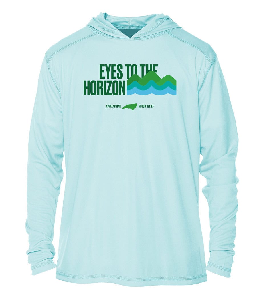 Arctic Blue hoodie with "Eyes To The Horizon" logo for Appalachian flood relief.