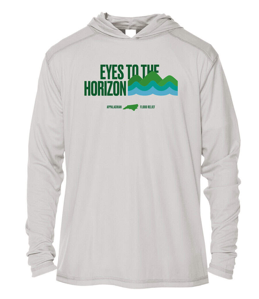 Appalachian flood relief hoodie with "Eyes To The Horizon" logo in green and blue.