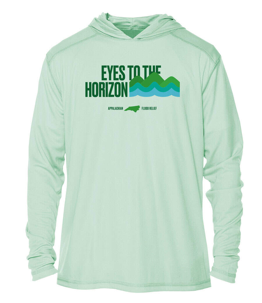Hoodie with "Eyes To The Horizon" logo supporting Appalachian flood relief efforts, UPF 50+ fabric,.