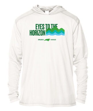 Hoodie with "Eyes To The Horizon" logo supporting Appalachian flood relief efforts, featuring UPF 50.