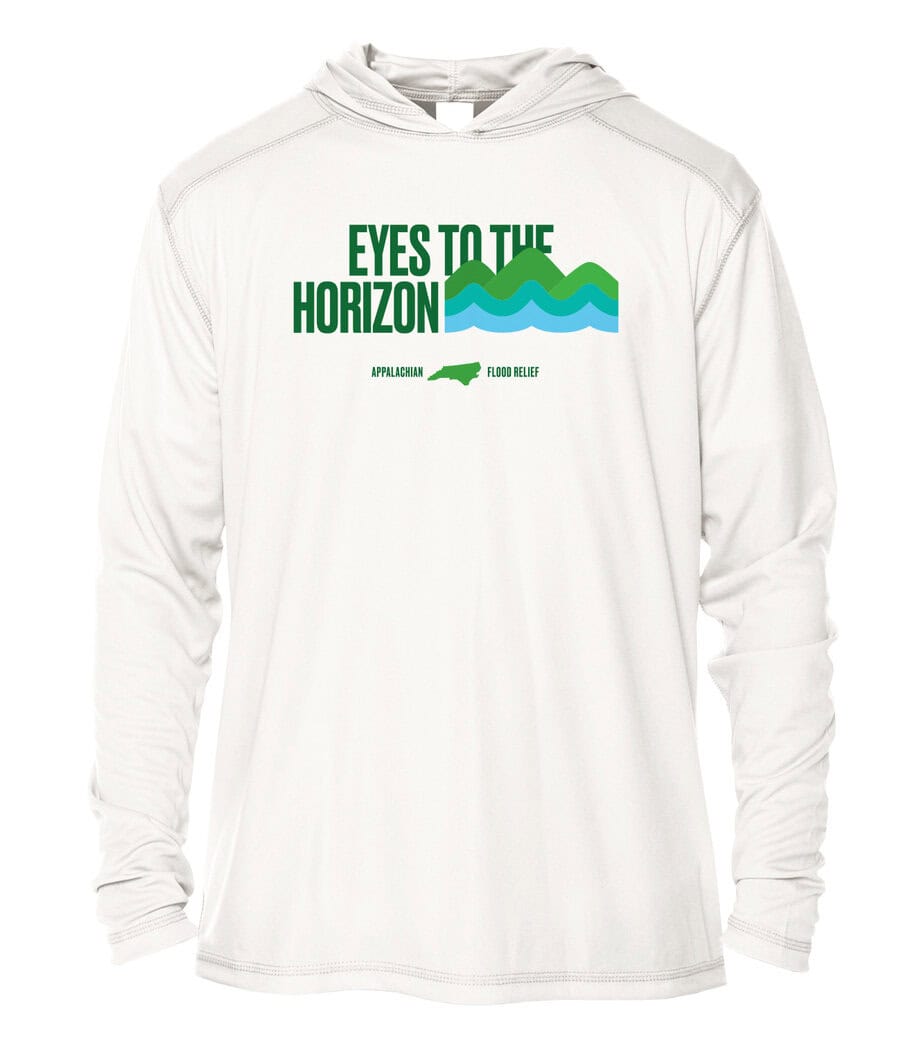 Hoodie with "Eyes To The Horizon" logo supporting Appalachian flood relief efforts, featuring UPF 50.
