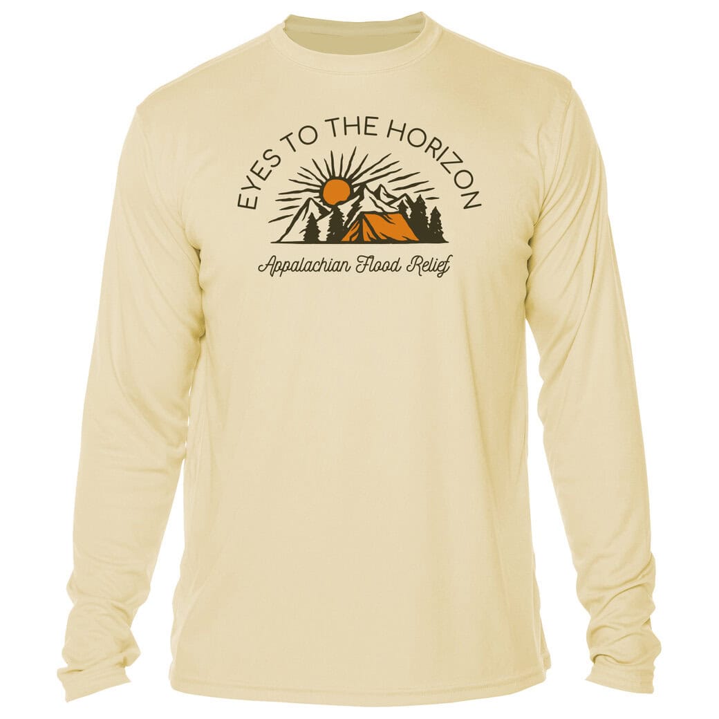 Long sleeve UPF 50+ shirt with "Eyes To The Horizon" logo and mountain design.