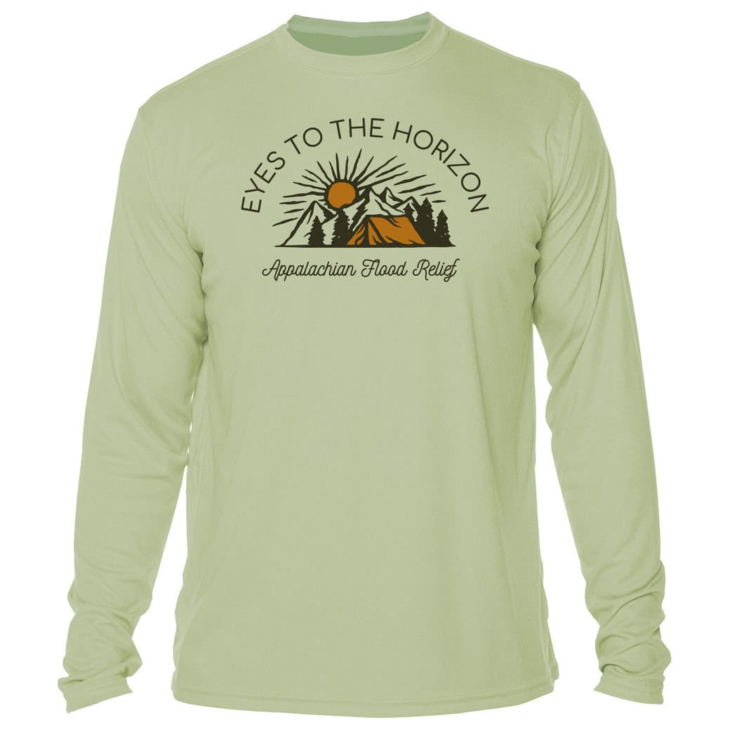 Long sleeve UPF 50+ shirt with "Eyes To The Horizon" logo and mountain design.