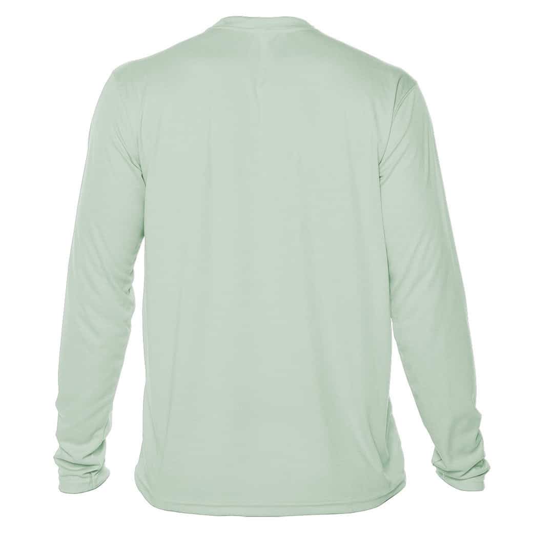 Back view of a light green long-sleeve shirt with "Eyes To The Horizon" text.