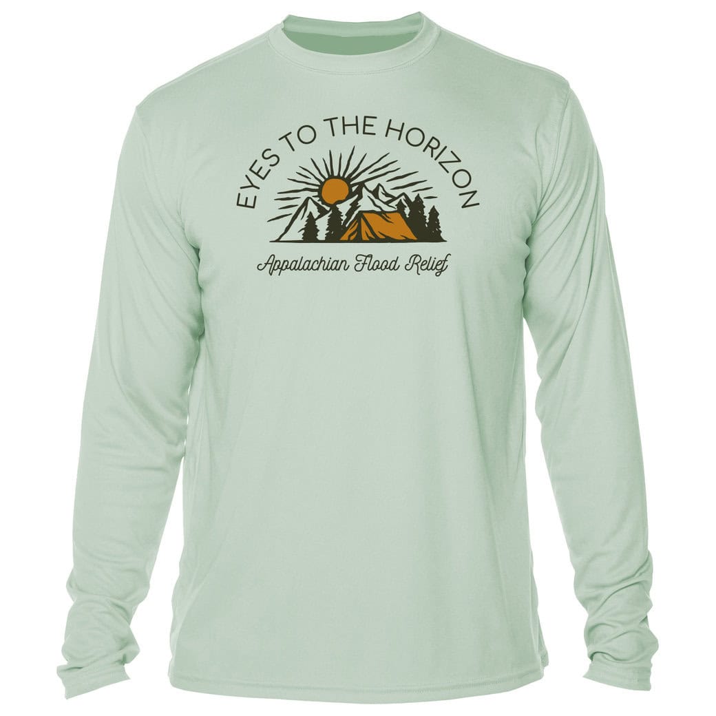 Light green long-sleeve shirt with "Eyes To The Horizon" logo and mountains.
