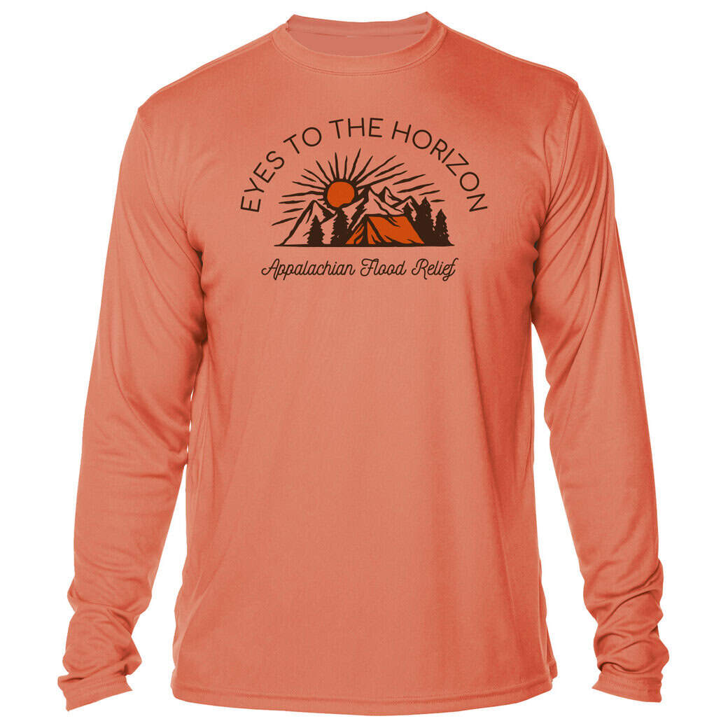 Long sleeve shirt with "Eyes To The Horizon" logo and mountain design in salmon color.