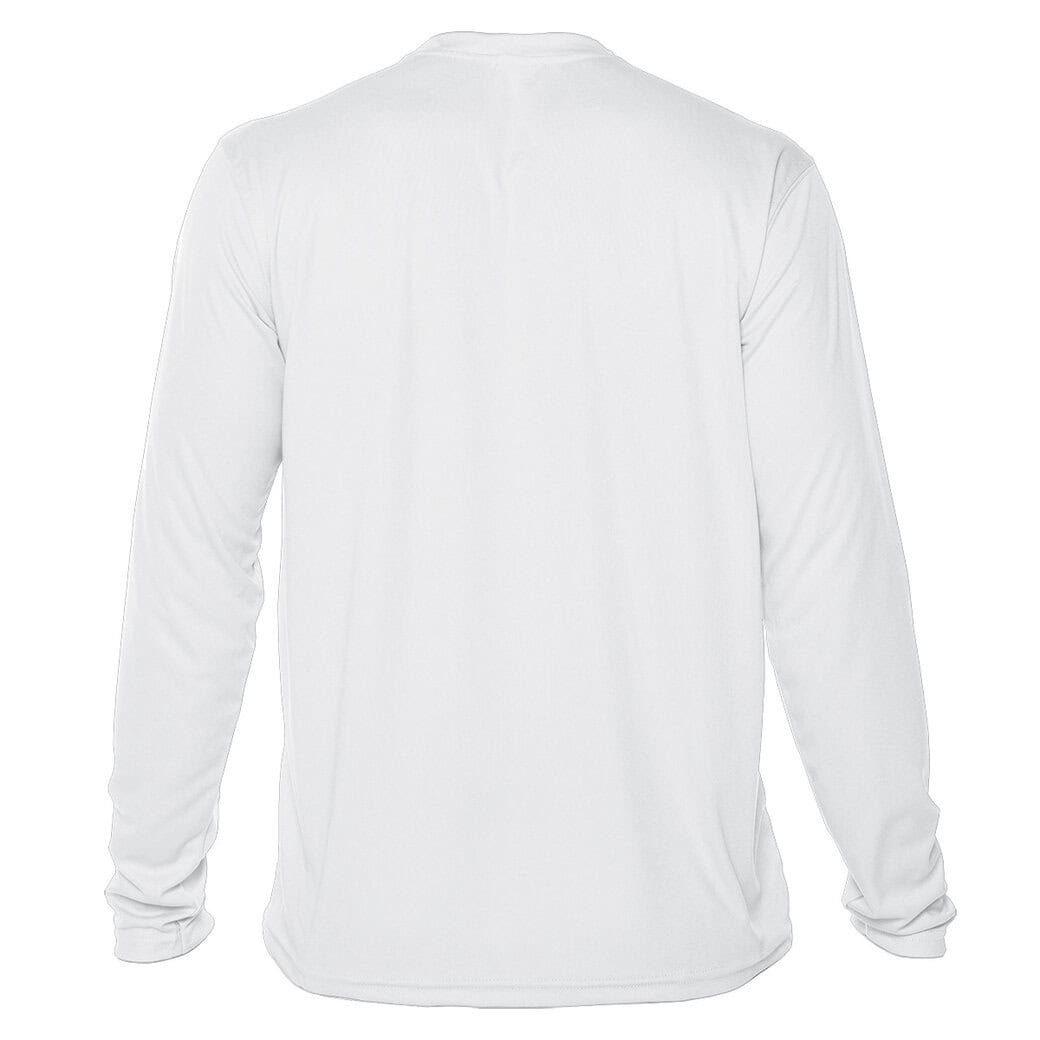 White long-sleeve T-shirt with "Eyes To The Horizon" design.