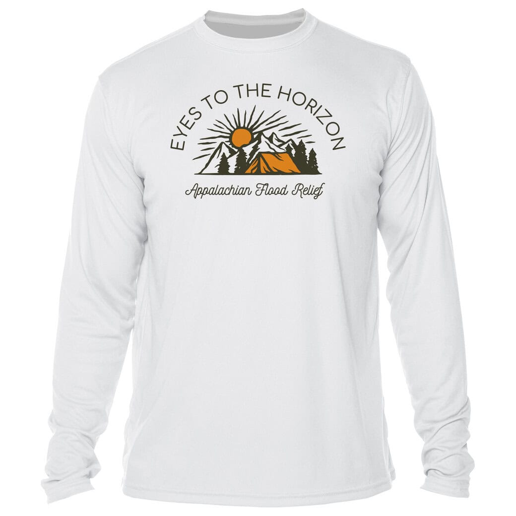 Long sleeve shirt with "Eyes To The Horizon" logo and mountain design.