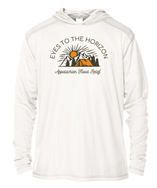 UPF 50+ hoodie with "Eyes To The Horizon" logo and mountain scene.