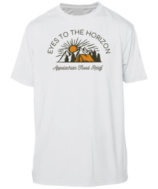 White T-shirt with "Eyes To The Horizon" and mountain design for Appalachian flood relief.