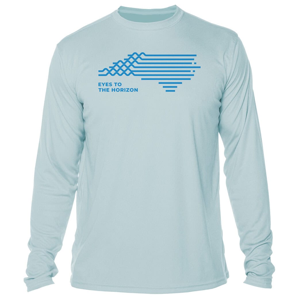 Long sleeve UPF 50+ shirt in Arctic Blue with "Eyes To The Horizon" logo.
