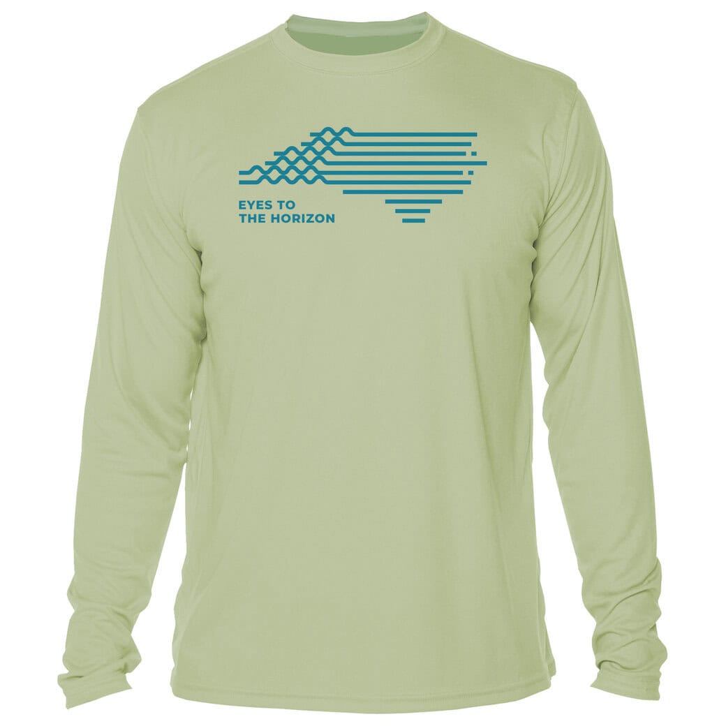 Long sleeve UPF 50+ shirt with "Eyes To The Horizon" logo in blue on sage background.
