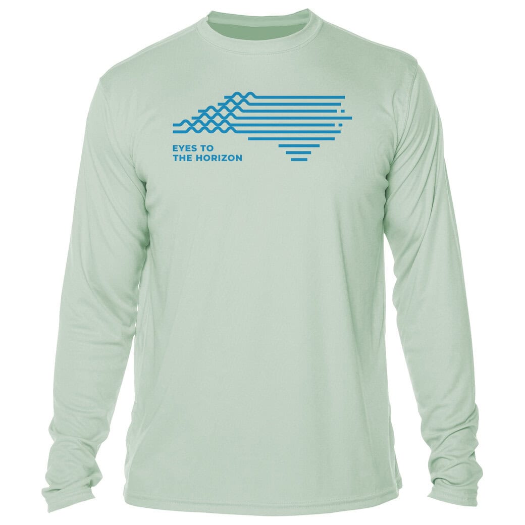 UPF 50+ long sleeve shirt with "Eyes To The Horizon" logo in blue on seagrass color.