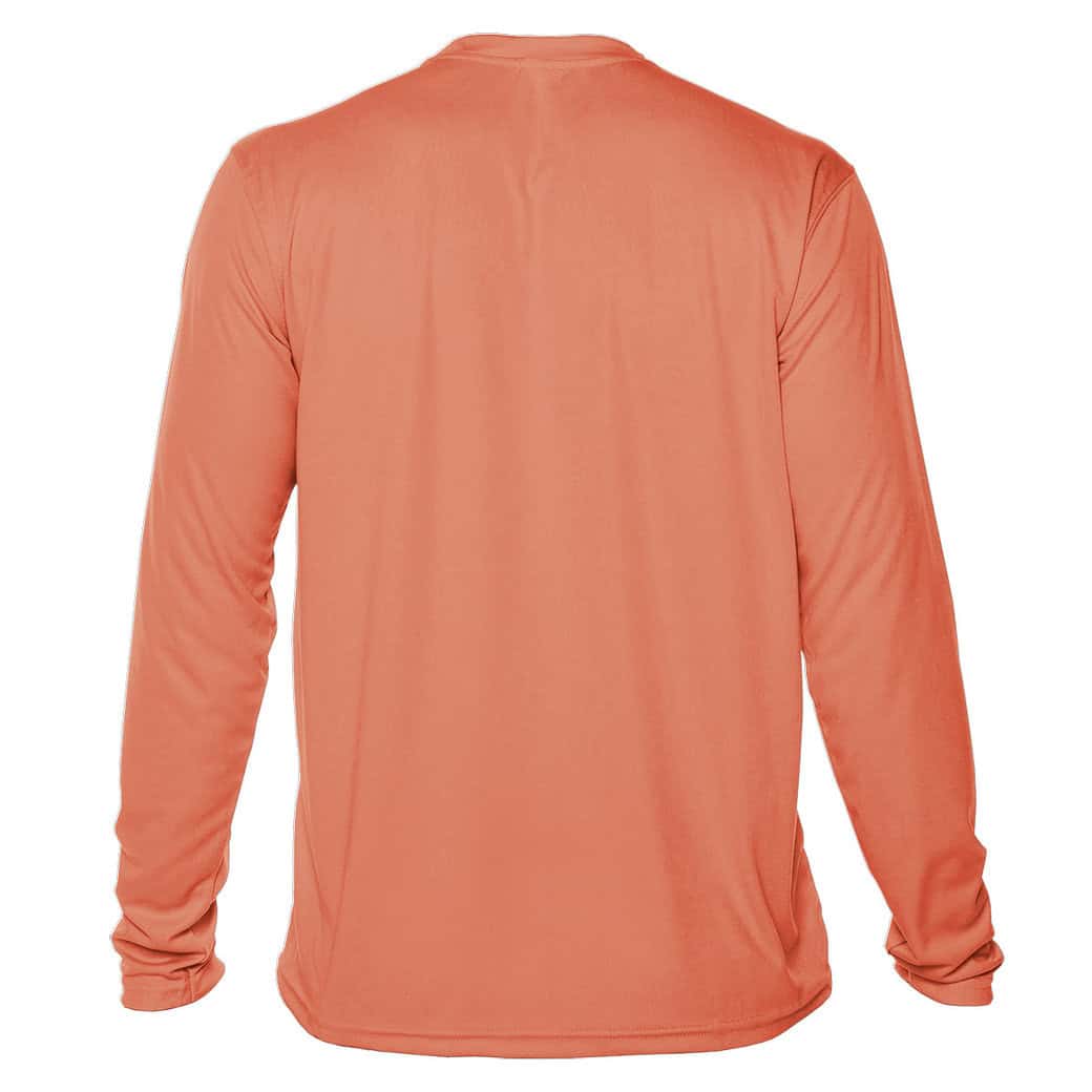 Back view of a person wearing a coral long-sleeve athletic shirt.