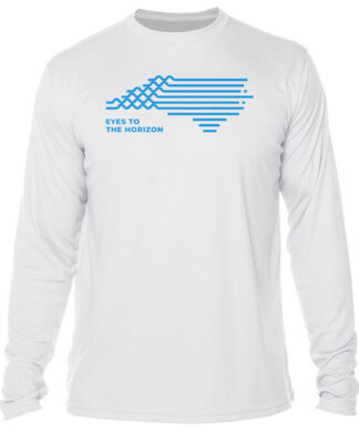 UPF 50+ long sleeve shirt with "Eyes To The Horizon" graphic, ideal for sun protection during outdoo.