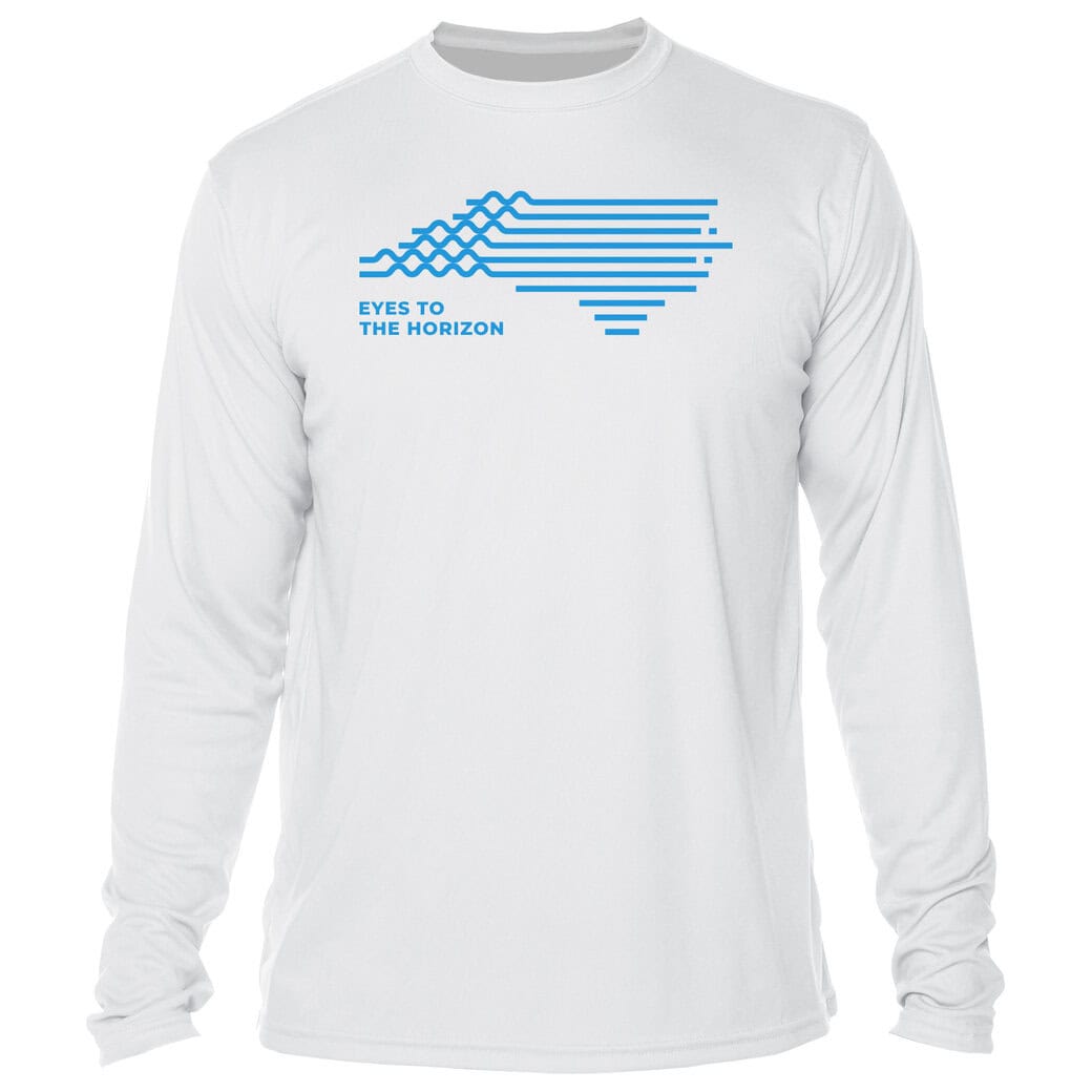UPF 50+ long sleeve shirt with "Eyes To The Horizon" graphic, ideal for sun protection during outdoo.