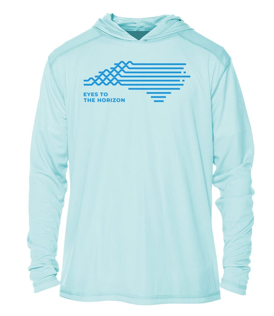 Arctic Blue UPF 50+ hoodie with "Eyes To The Horizon" logo, perfect for sun protection.