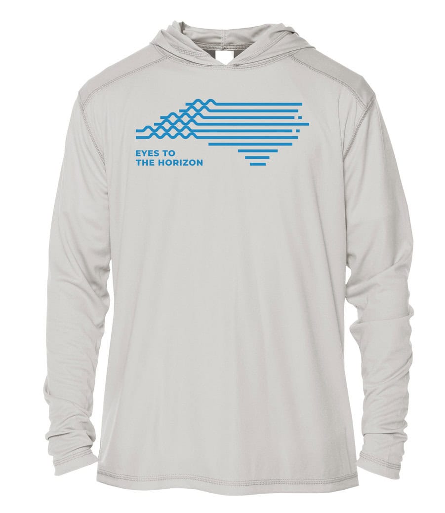White UPF 50+ hoodie with blue "Eyes To The Horizon" logo and horizon graphic.