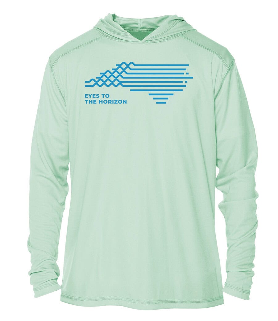 Hoodie with "Eyes To The Horizon" graphic and UPF 50+ sun protection, perfect for outdoor adventures.