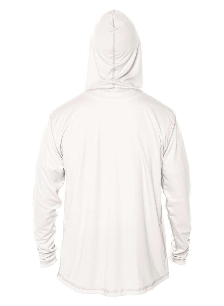 Hooded white long-sleeve shirt with "Eyes To The Horizon" logo.