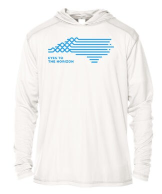 UPF 50+ hoodie with "Eyes To The Horizon" graphic design in blue. Perfect for sun protection and out.