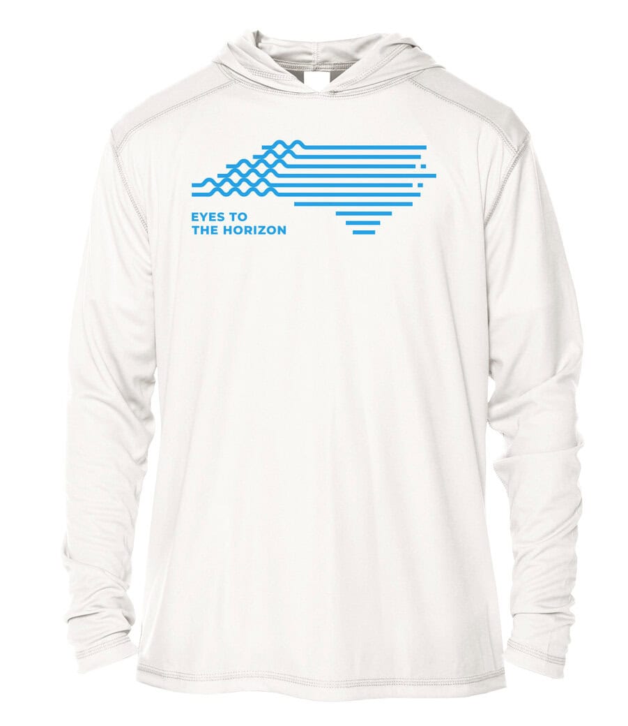 UPF 50+ hoodie with "Eyes To The Horizon" graphic design in blue. Perfect for sun protection and out.