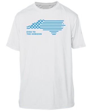 White UPF 50+ short sleeve T-shirt with "Eyes To The Horizon" graphic design.