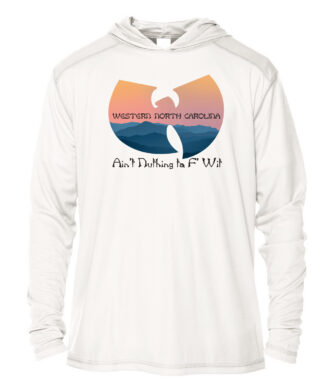 Western North Carolina hoodie with Wu-Tang-inspired logo and scenic mountain design.