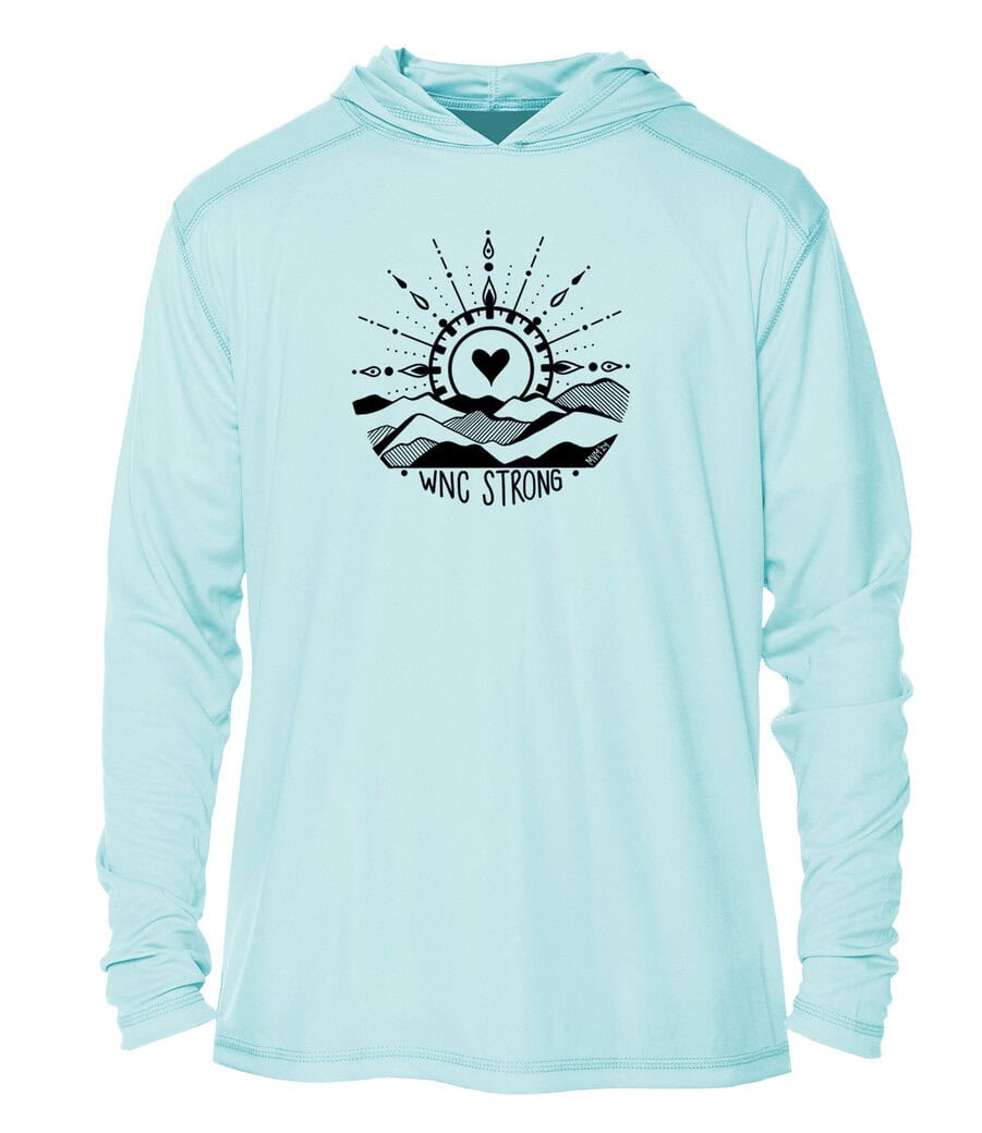 Arctic Blue UPF 50+ hoodie with "Eyes To The Horizon" graphic design.