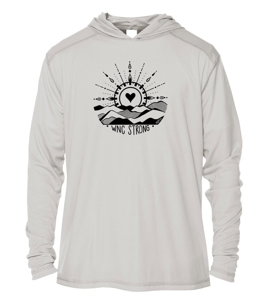 Bright white hoodie with WNC Strong logo featuring a heart and sun rays.