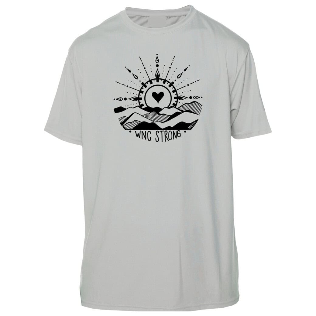 Bright white UPF 50+ short sleeve shirt with "Eyes To The Horizon" graphic design.