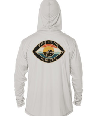 Horizon Eye UPF 50+ hoodie with "Eyes To The Horizon" logo on back. Sun, ocean, and horizon design f.