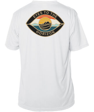 White short sleeve T-shirt with "Eyes To The Horizon" logo and sunset design.