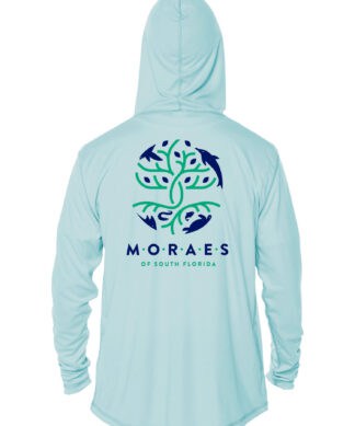 MORAES of South Florida UPF 50+ hoodie in Arctic Blue, back view.