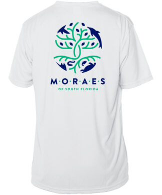 White UPF 50+ short sleeve T-shirt with Moraes South Florida logo and ocean-themed design.