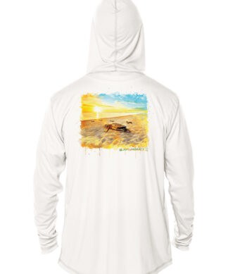 Hooded sweatshirt featuring "Eyes To The Horizon" beach scene artwork, UPF 50+ sun protection, perfe.
