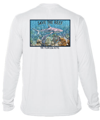 Reef Relief shark mosaic design promoting reef conservation on white UPF 50+ long sleeve shirt.