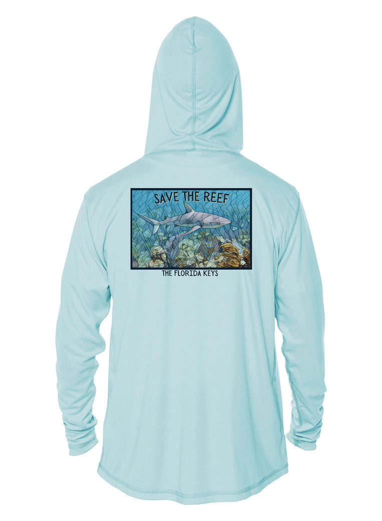Arctic Blue UPF 50+ hoodie with shark mosaic design for reef conservation.