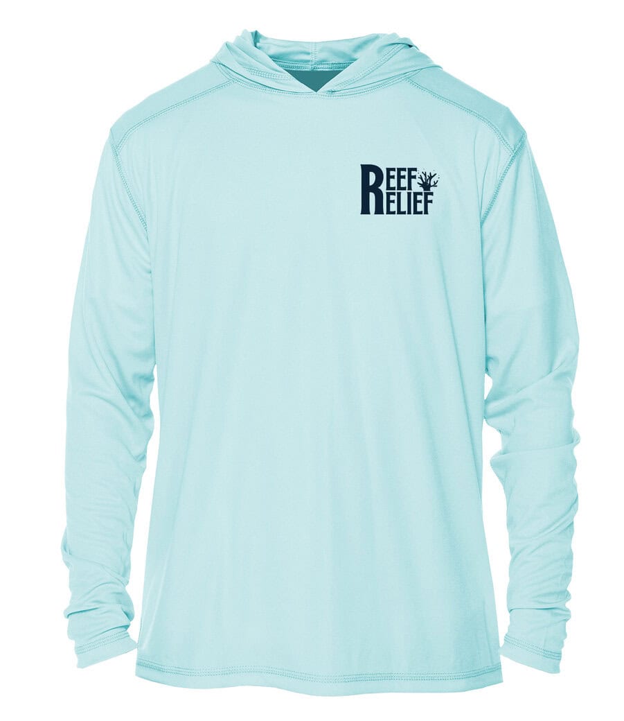 Light blue hoodie with "Reef Relief" logo for ocean conservation.
