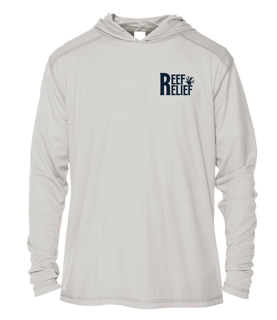White hoodie with "Reef Relief" logo for ocean conservation awareness.