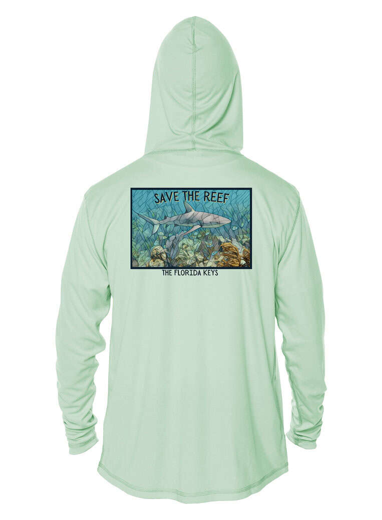 Reef Relief shark mosaic hoodie promoting reef conservation and ocean awareness.