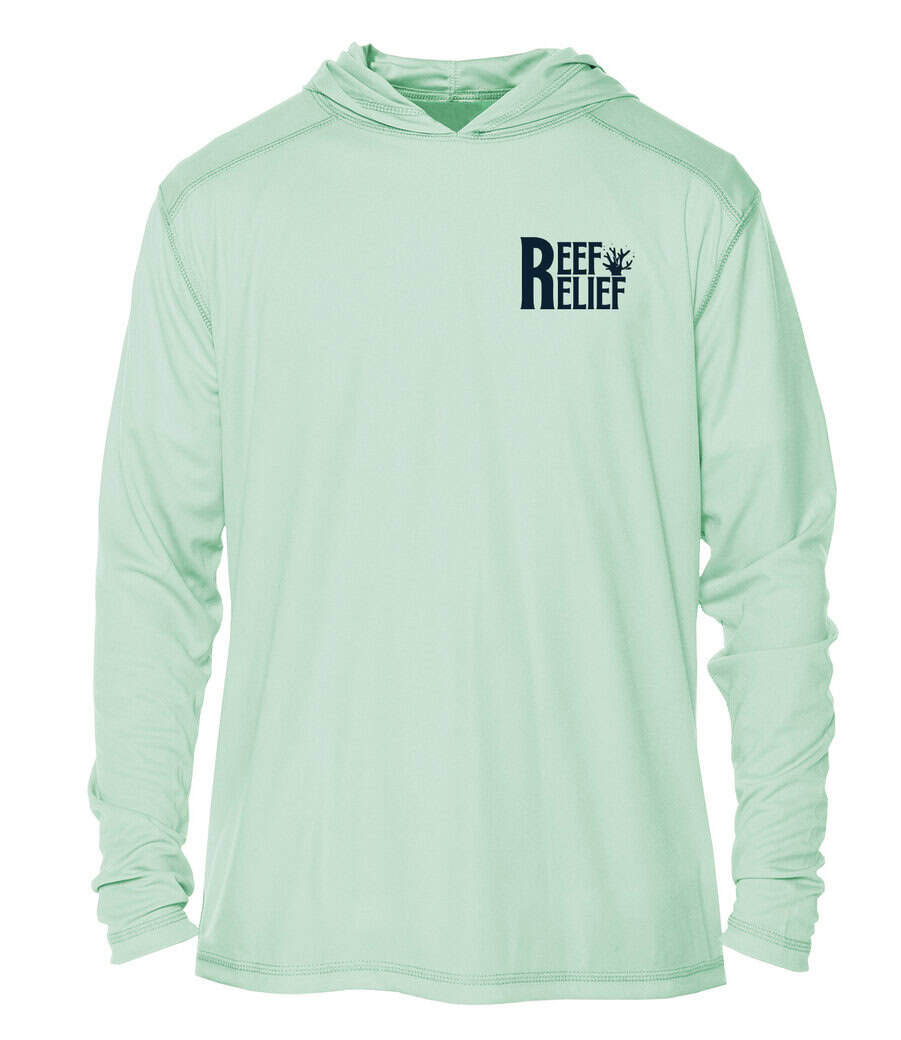 Light green Reef Relief hoodie with logo, perfect for awareness campaigns.