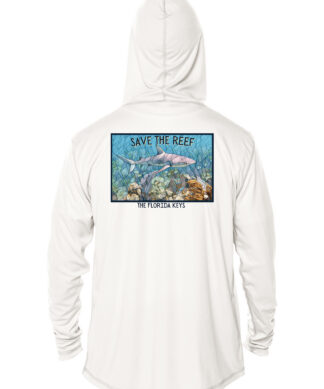 Save the Reef Shark Mosaic UPF 50+ Hoodie in white, featuring a vibrant underwater shark design.