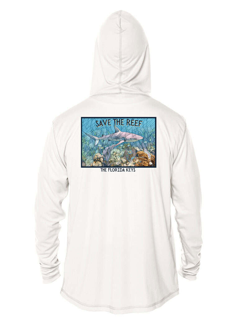 Save the Reef Shark Mosaic UPF 50+ Hoodie in white, featuring a vibrant underwater shark design.