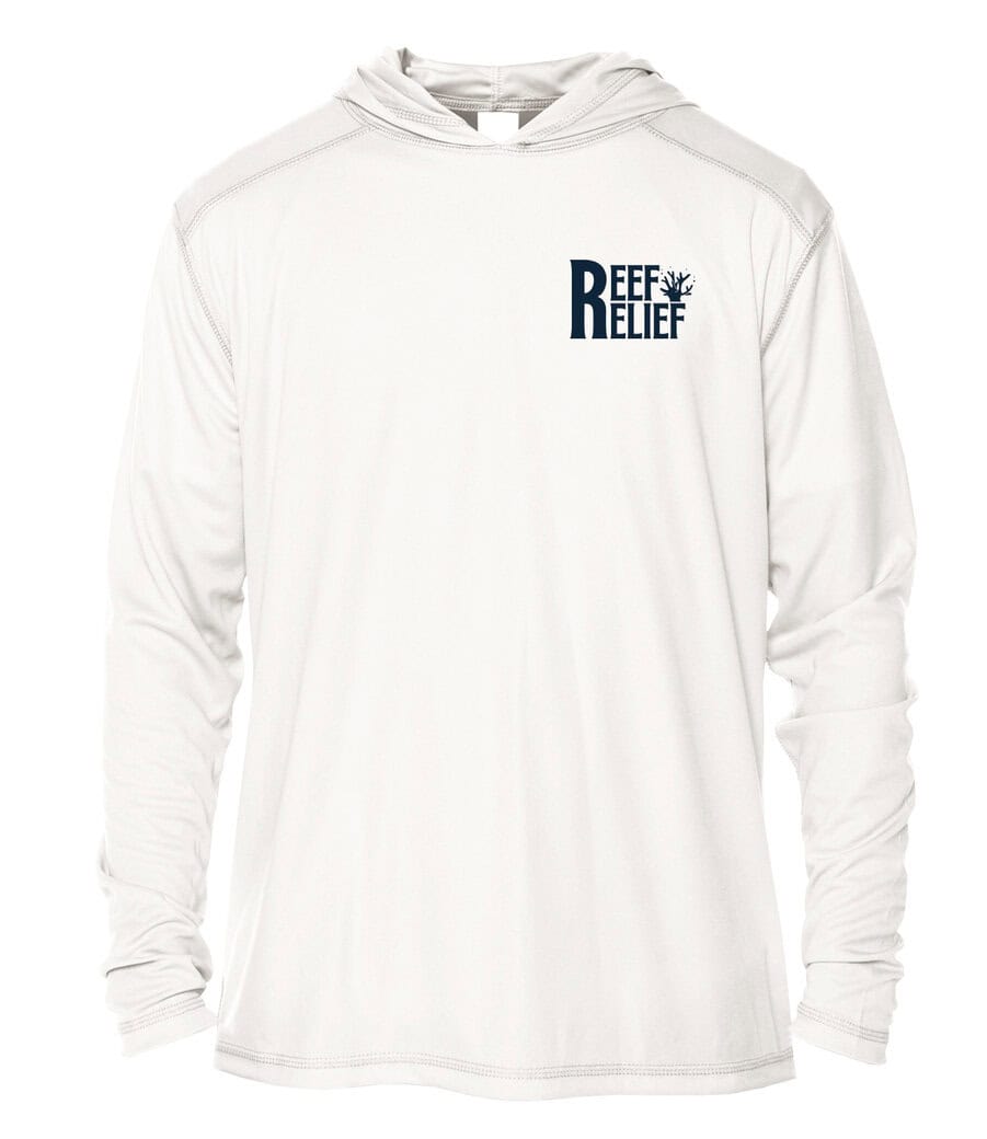 White hoodie with "Reef Relief" logo and palm tree graphic, casual wear for ocean conservation.