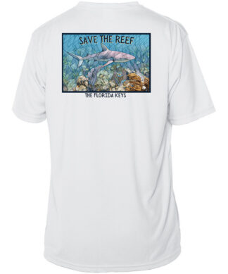 Reef relief shark mosaic T-shirt promoting reef conservation and protection.