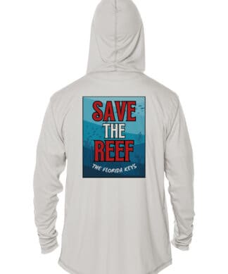 Hoodie with "Save The Reef" graphic promoting coral reef conservation.