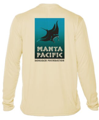 Manta Pacific logo on pale yellow long sleeve shirt, ideal for sun protection and ocean conservation.