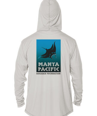 White hoodie with Manta Pacific logo and manta ray graphic on back.